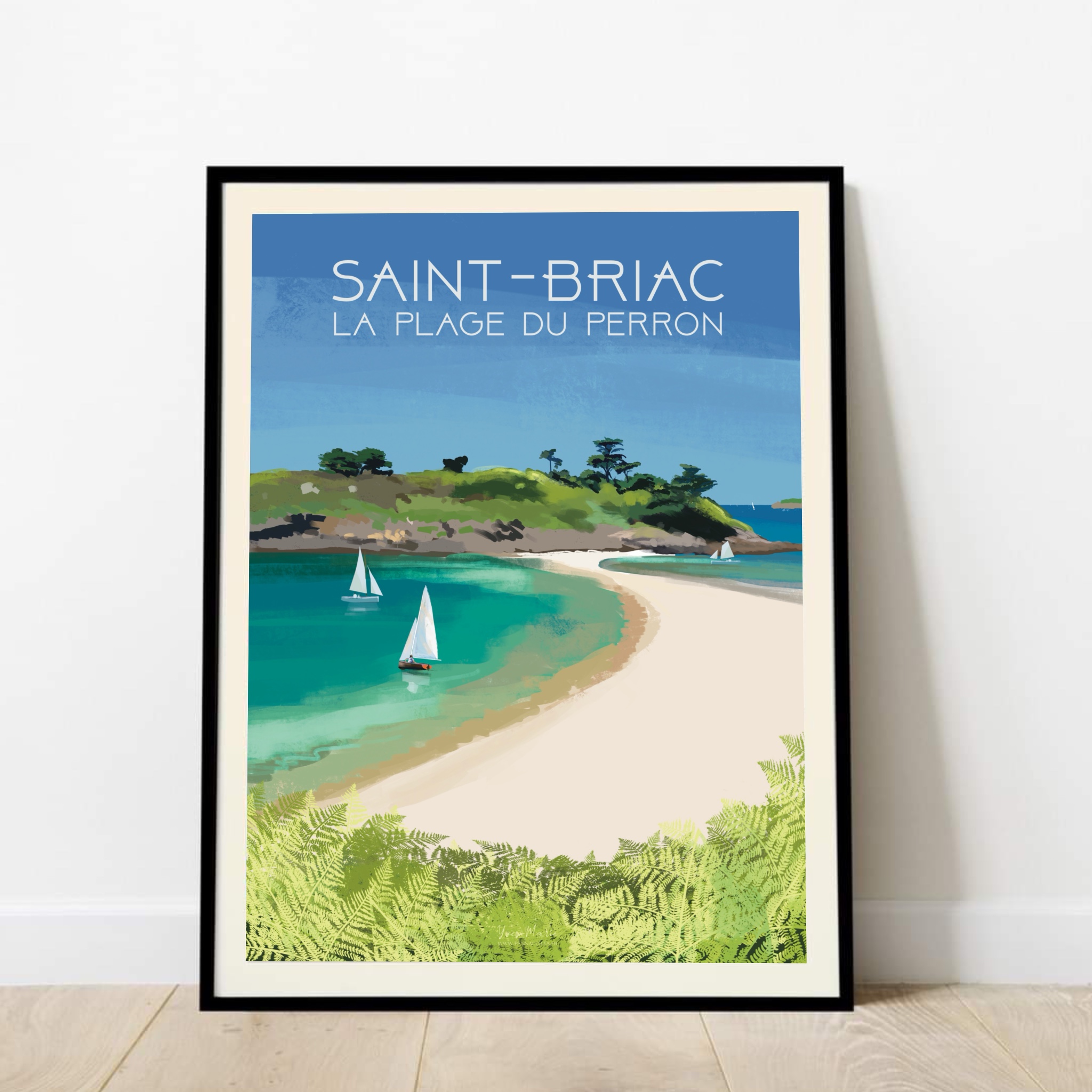 Affiche Saint-Briac – plage du Perron avec voiliers et banc de sable